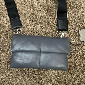 🔥NEW🔥 AllSaints Ezra Quilted Logo Guitar Strap Crossbody- Grey Leather NWT